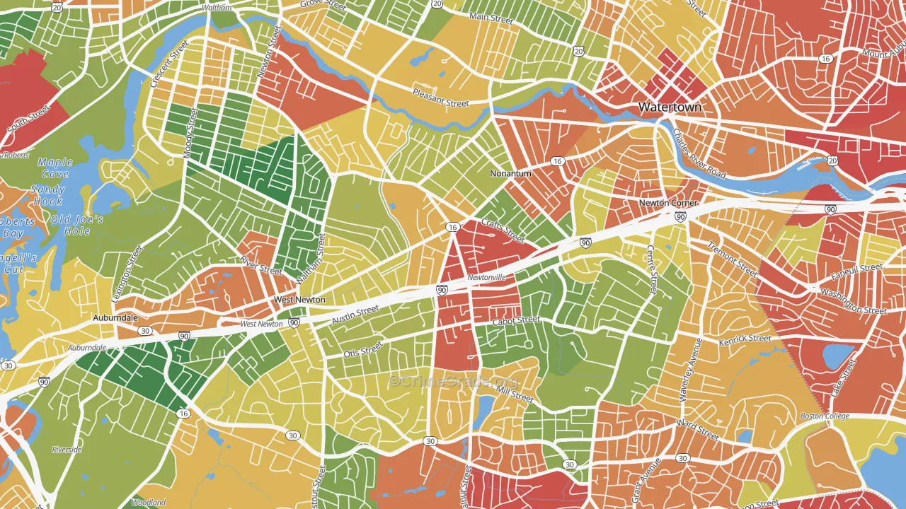 Newtonville, MA Map of Burglary Rates