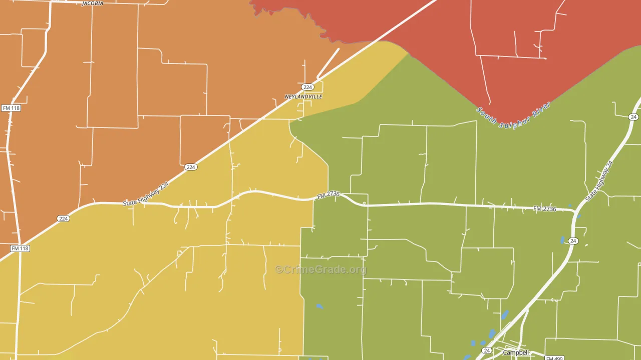 Neylandville, TX Map of Burglary Rates