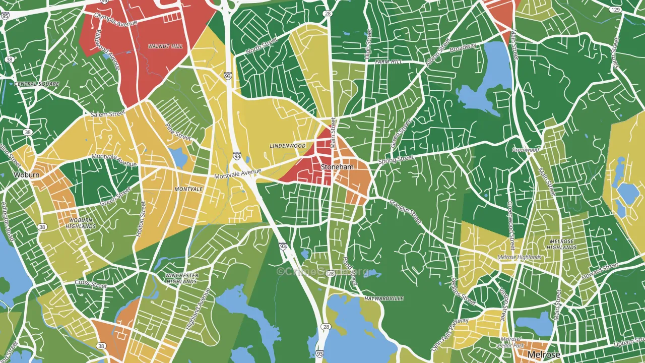 Nobility Hill Historic District, Stoneham, MA Map of Burglary Rates