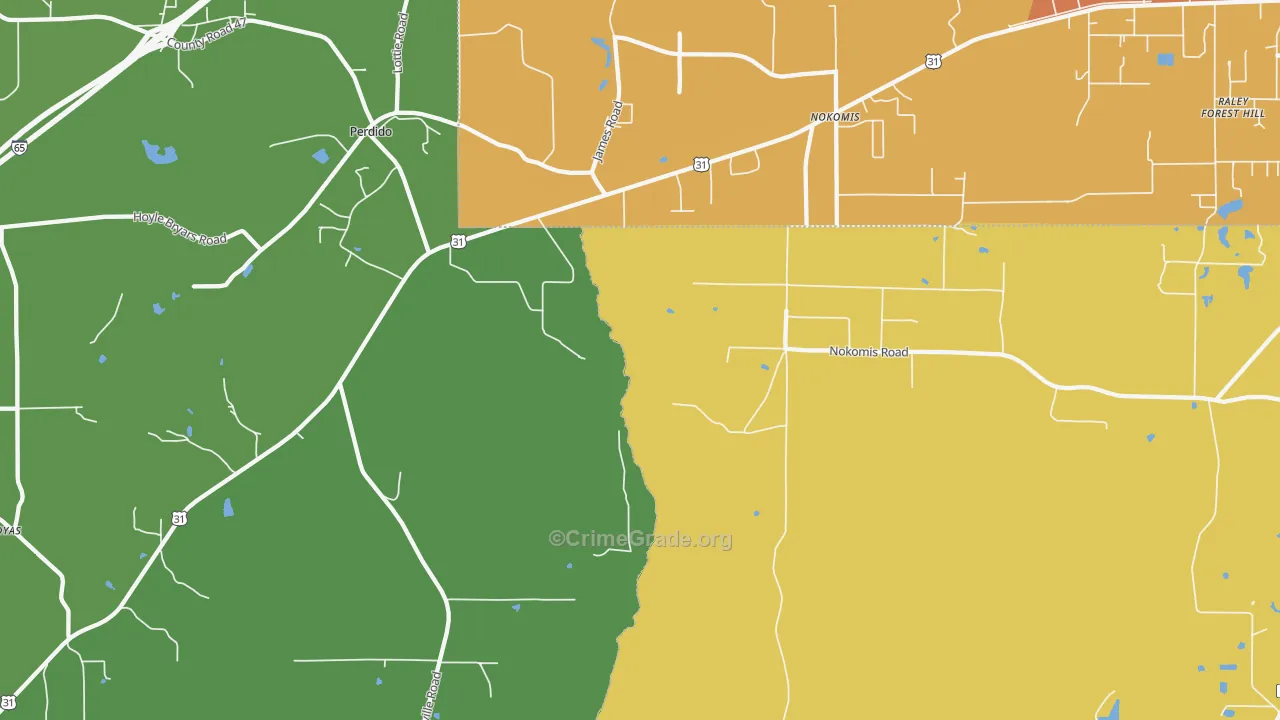 Nokomis, AL Map of Burglary Rates