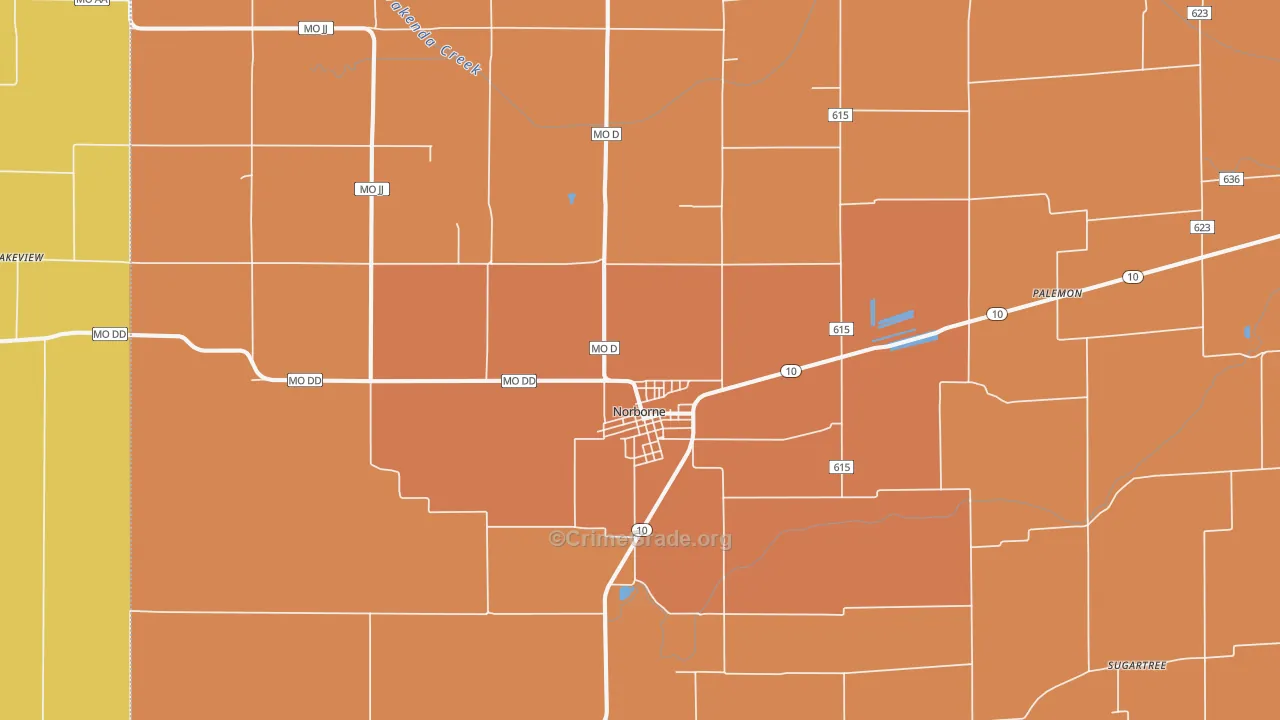 Norborne, MO Map of Burglary Rates