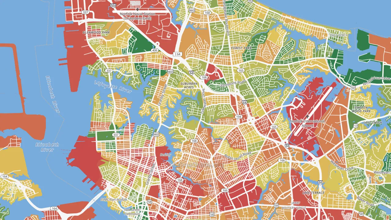Norfolk City, VA Map of Burglary Rates