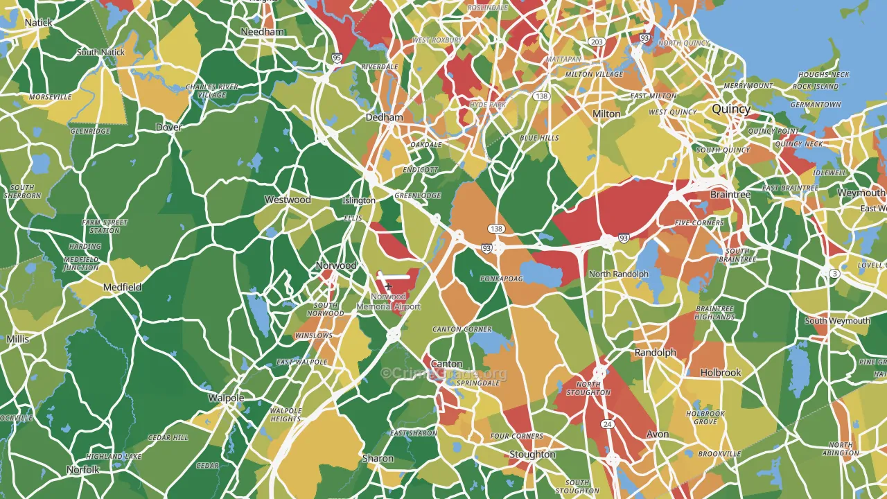 Norfolk County, MA Map of Burglary Rates