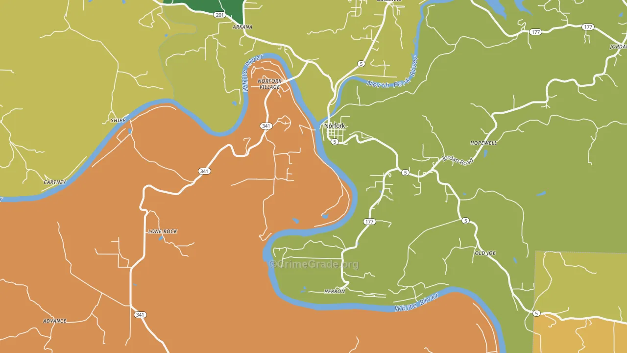 Norfork, AR Map of Burglary Rates