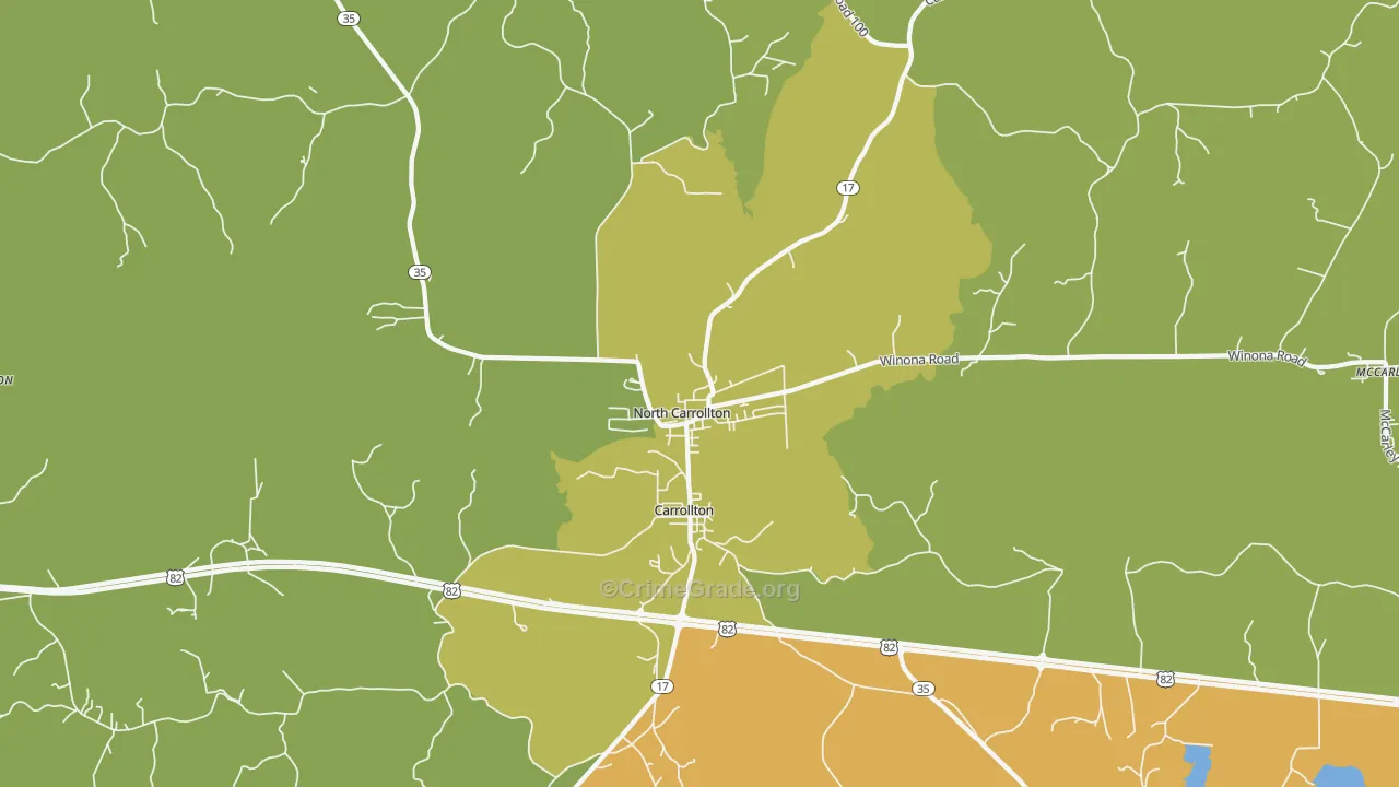 North Carrollton, MS Map of Burglary Rates