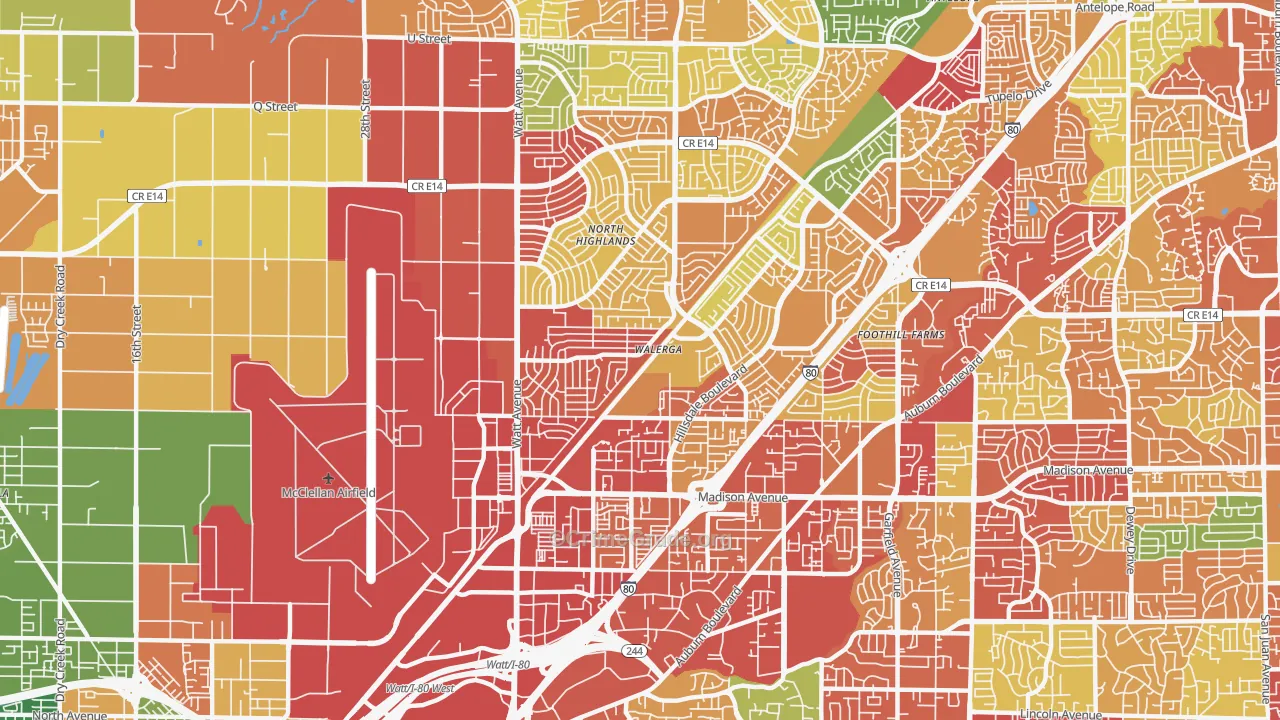 North Highlands, CA Map of Burglary Rates
