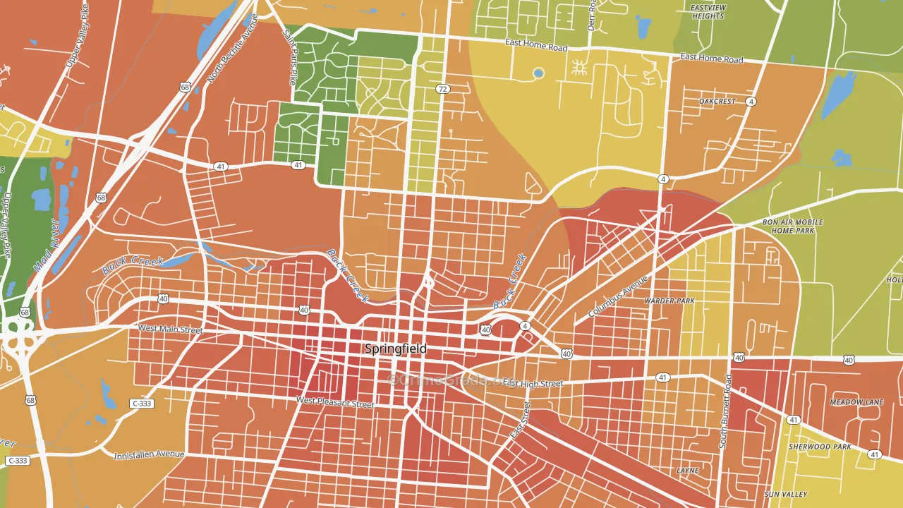 North Hill, Springfield, OH Map of Burglary Rates