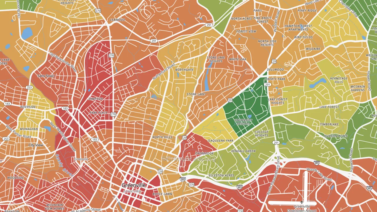 North Main, Greenville, SC Map of Burglary Rates