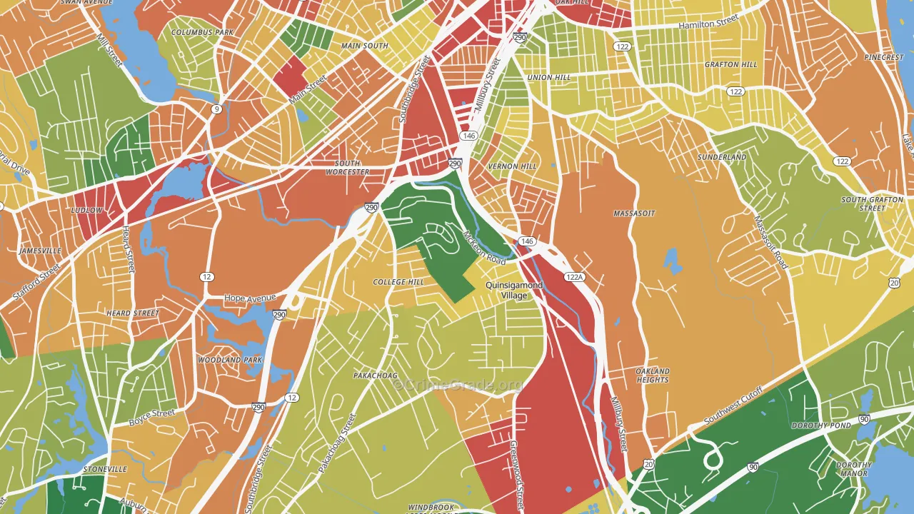 North Quinsigamond Village, Worcester, MA Map of Burglary Rates