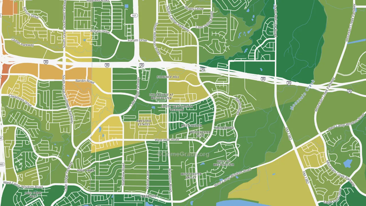 North Westchester Meadows, Grand Prairie, TX Map of Burglary Rates