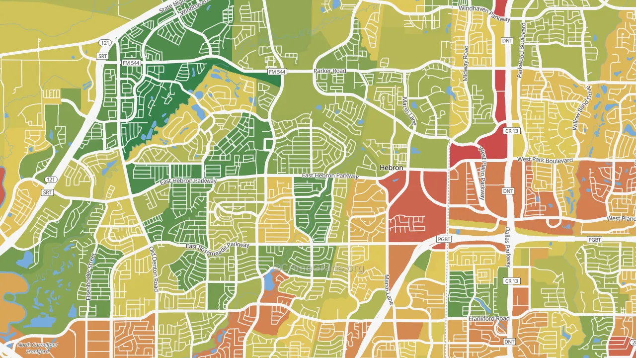 Northeast Dallas, Carrollton, TX Map of Burglary Rates