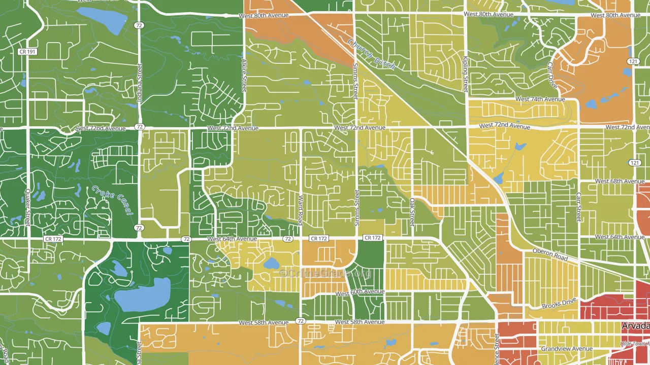 Northwest Arvada, Arvada, CO Map of Burglary Rates