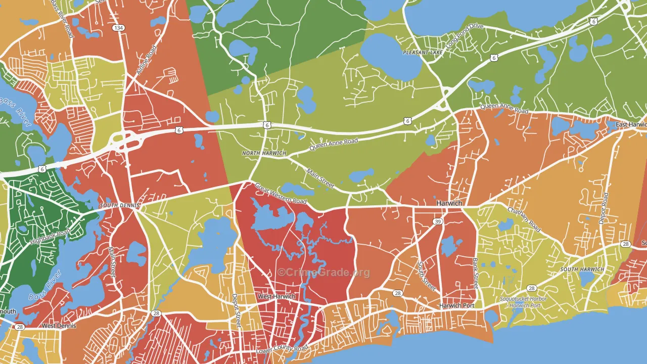 Northwest Harwich, MA Map of Burglary Rates