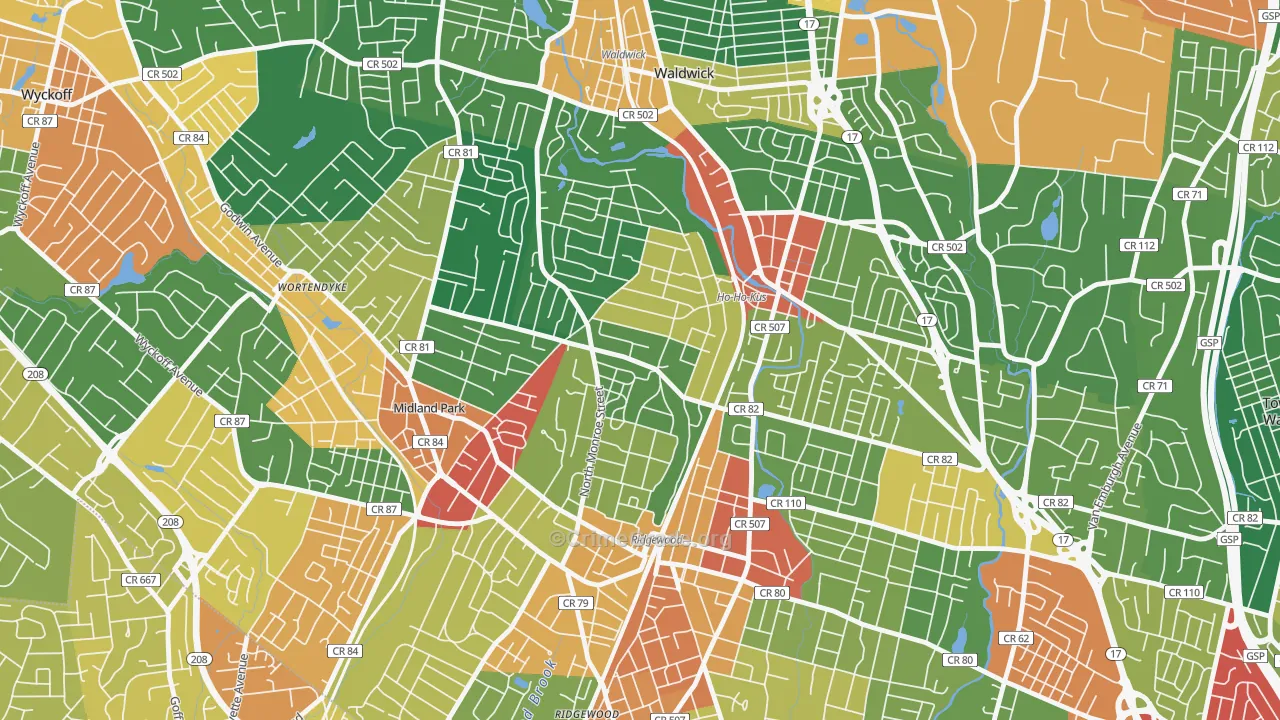 Northwest Ridgewood, Ridgewood, NJ Map of Burglary Rates