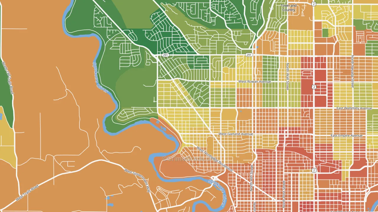 Northwest Spokane, Spokane, WA Map of Burglary Rates