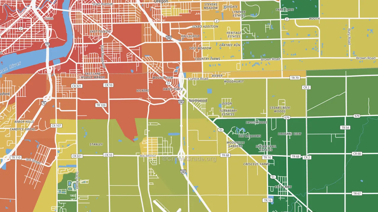 Northwood, OH Map of Burglary Rates