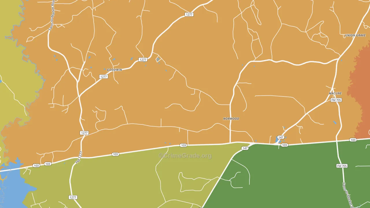 Norwood, TX Map of Burglary Rates