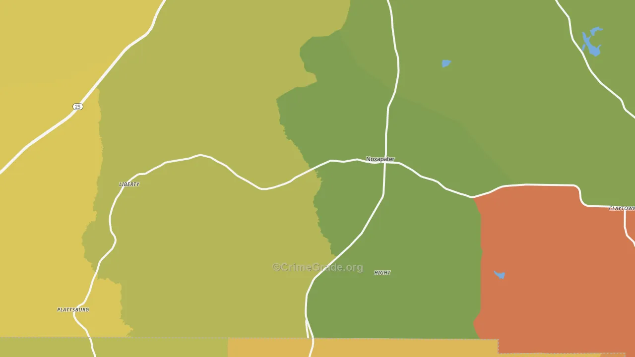 Noxapater, MS Map of Burglary Rates