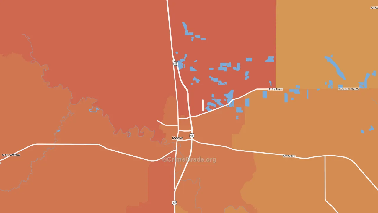 Noxubee County, MS Map of Burglary Rates