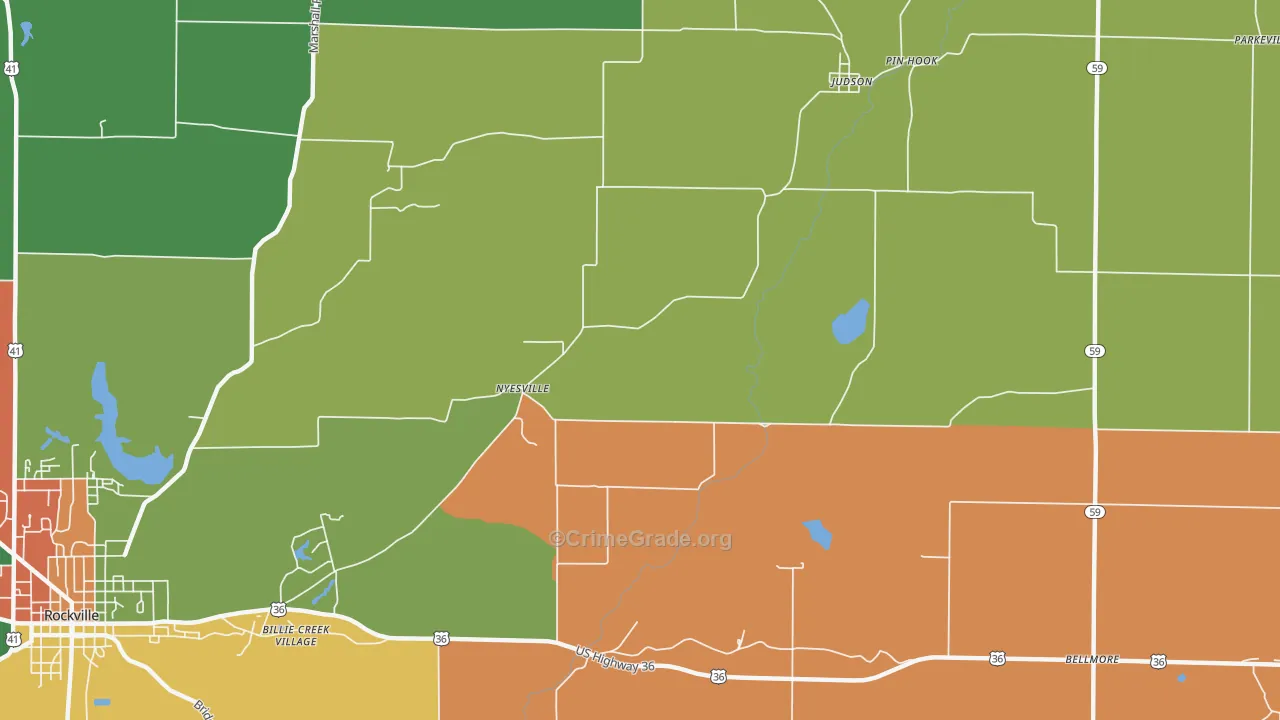 Nyesville, IN Map of Burglary Rates