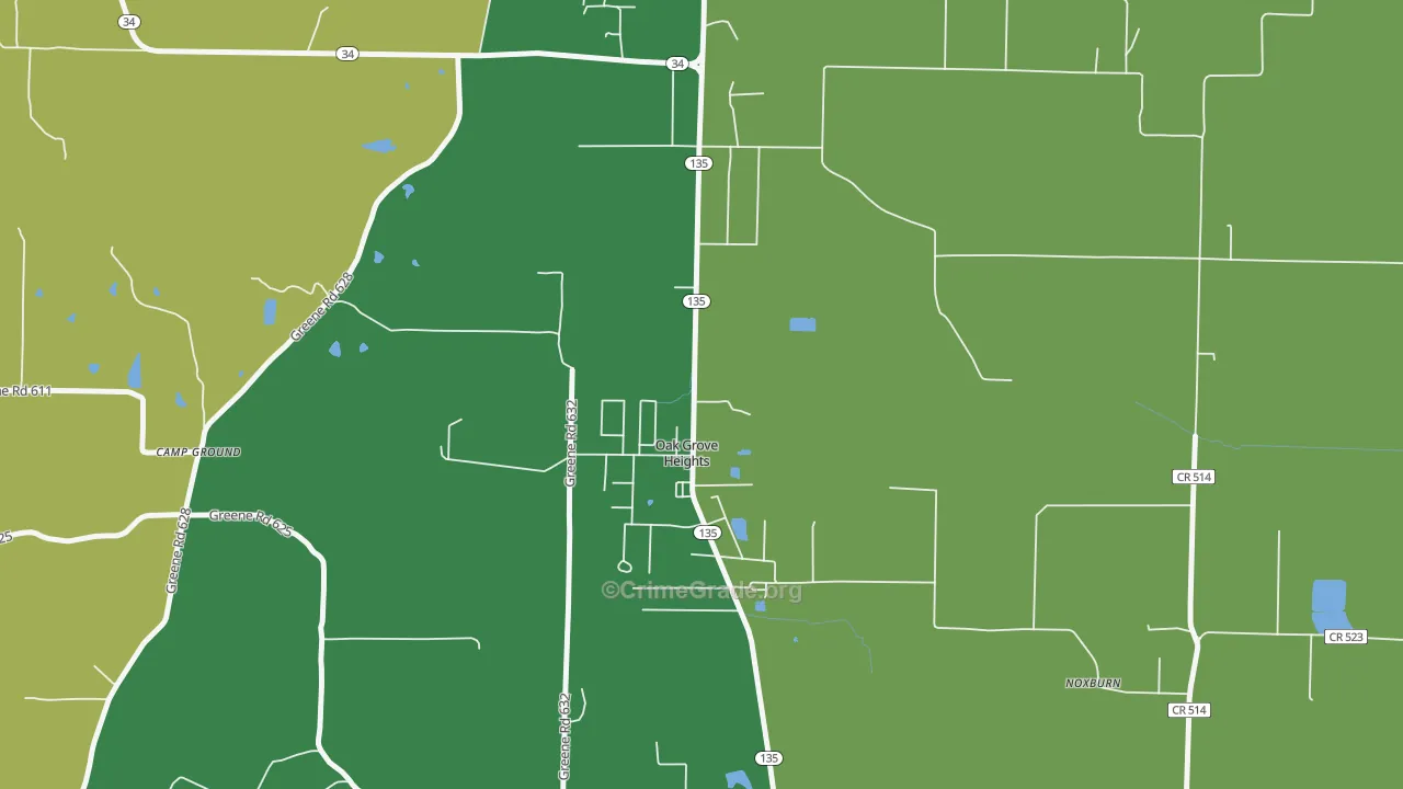 Oak Grove Heights, AR Map of Burglary Rates