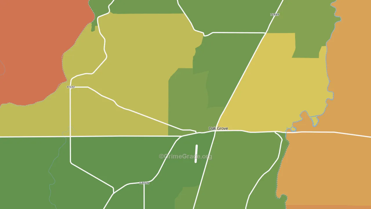 Oak Grove, LA Map of Burglary Rates