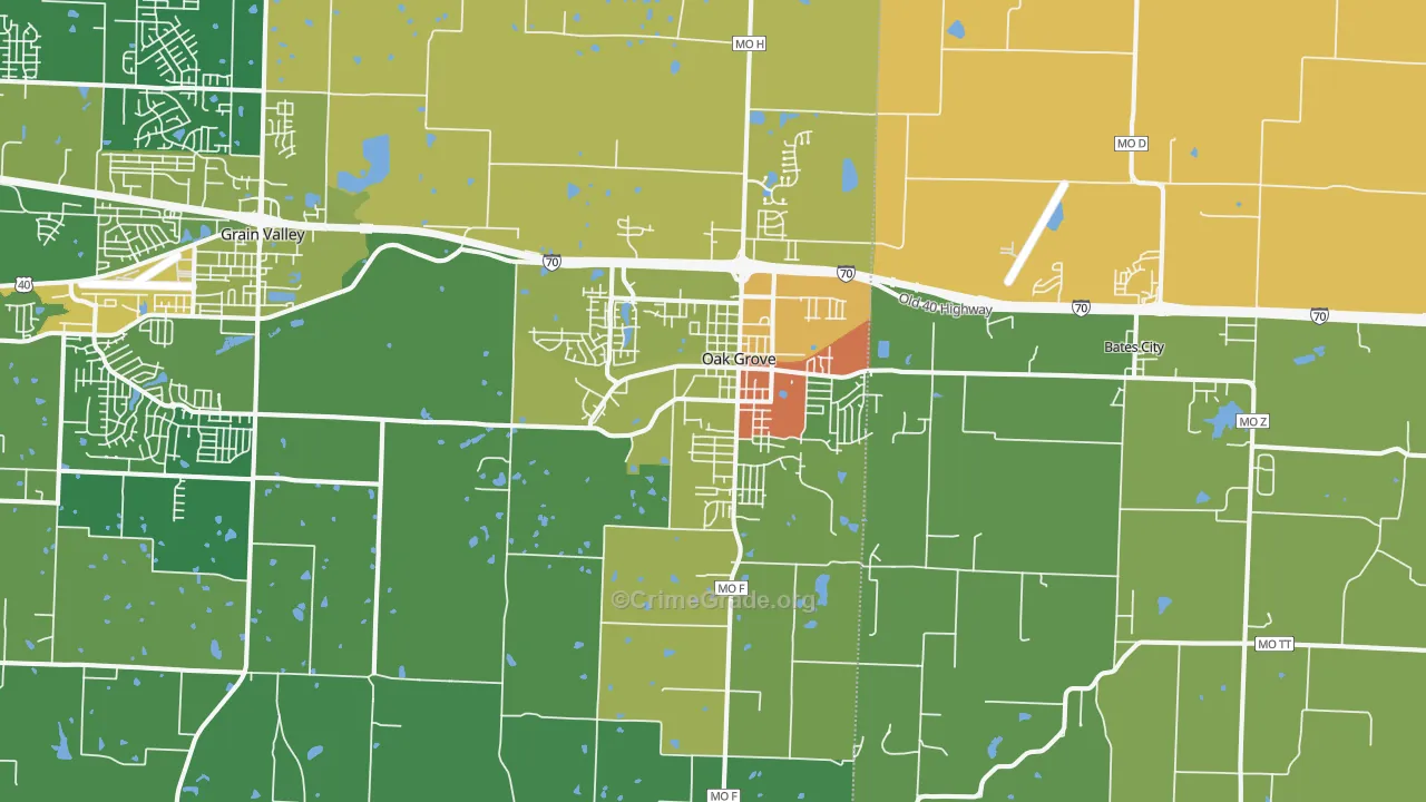 Oak Grove, MO Map of Burglary Rates