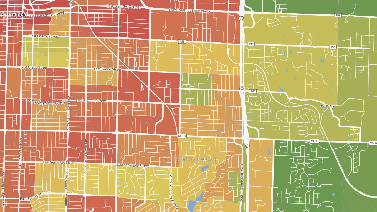 Oak Grove, Springfield, MO Map of Burglary Rates