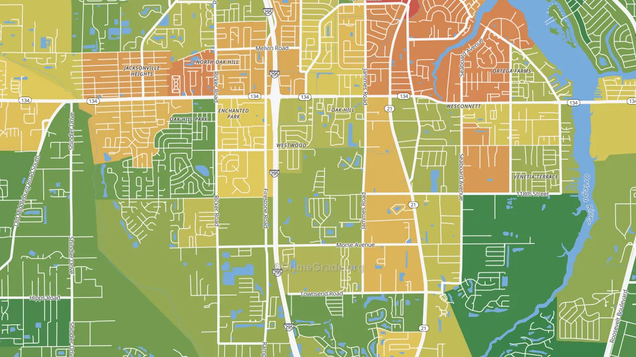 Oak Hill, Jacksonville, FL Map of Burglary Rates