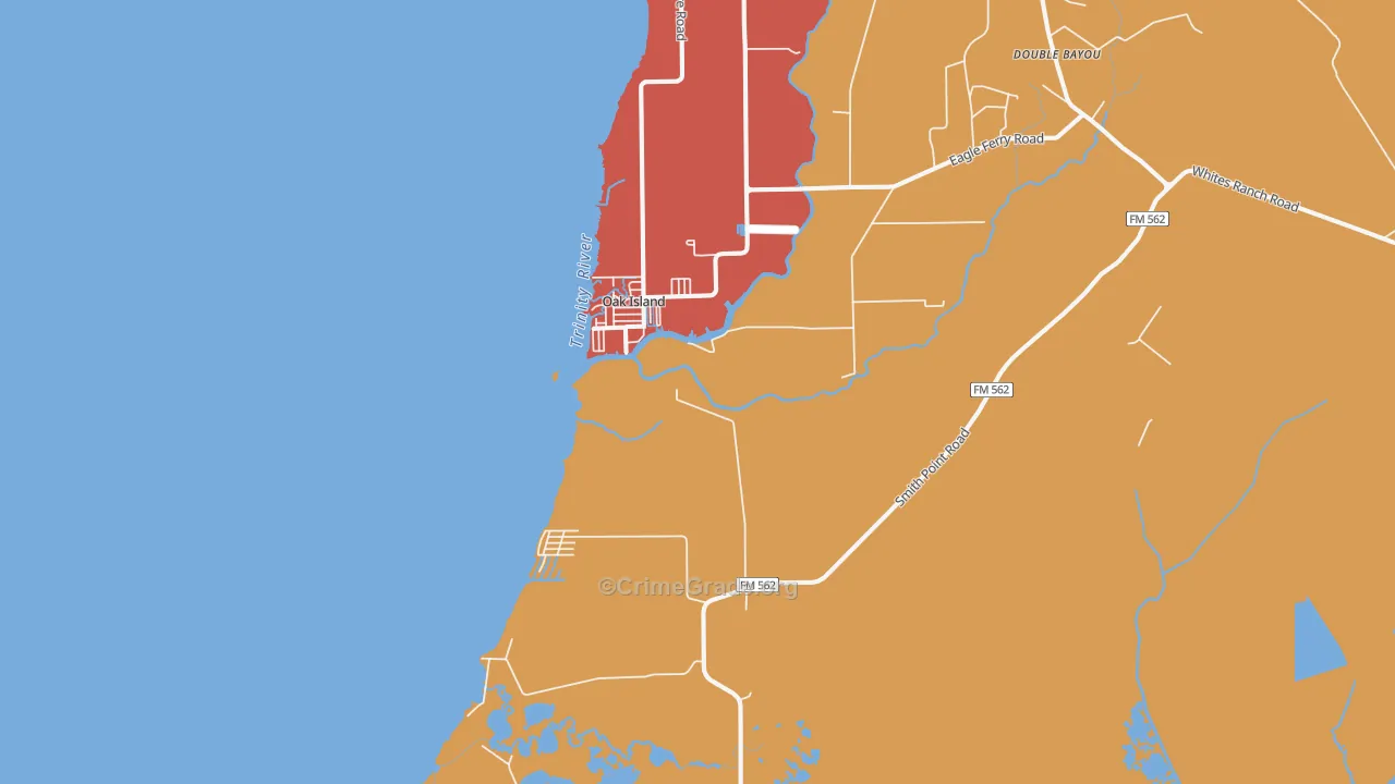 Oak Island, TX Map of Burglary Rates