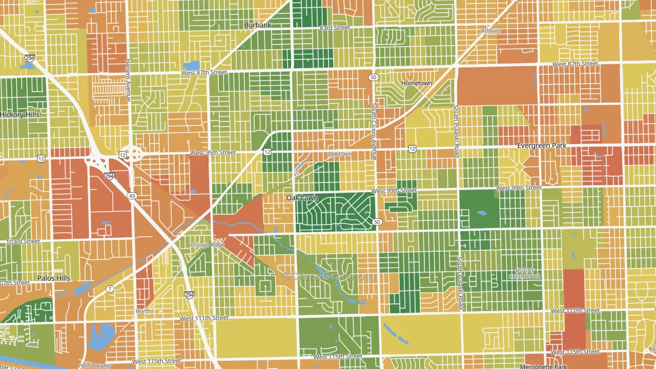 Oak Lawn, IL Map of Burglary Rates
