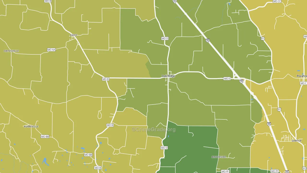 Oak Ridge, MO Map of Burglary Rates