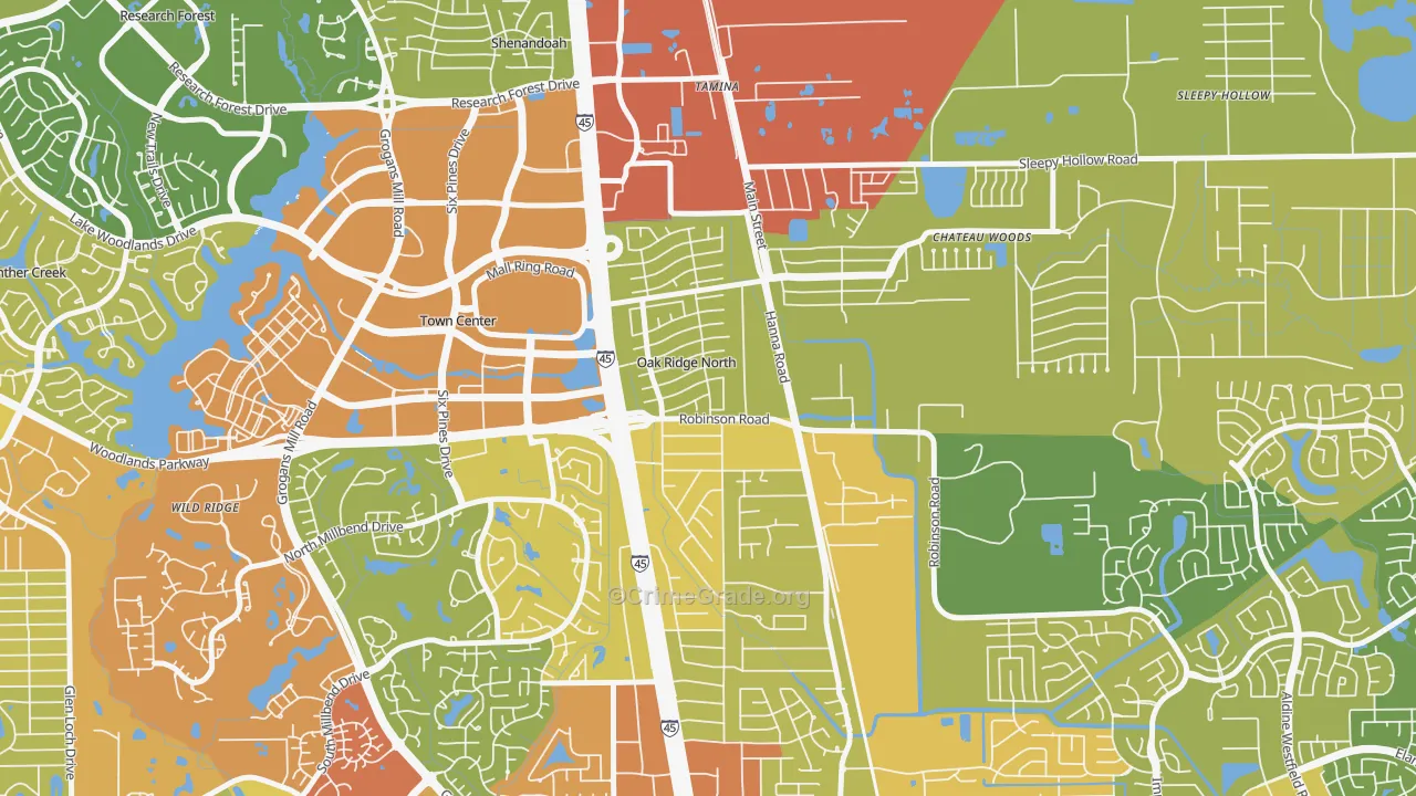 Oak Ridge North, TX Map of Burglary Rates