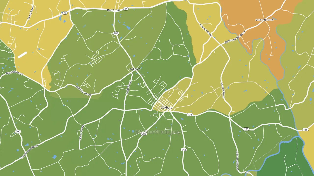 Oakboro, NC Map of Burglary Rates