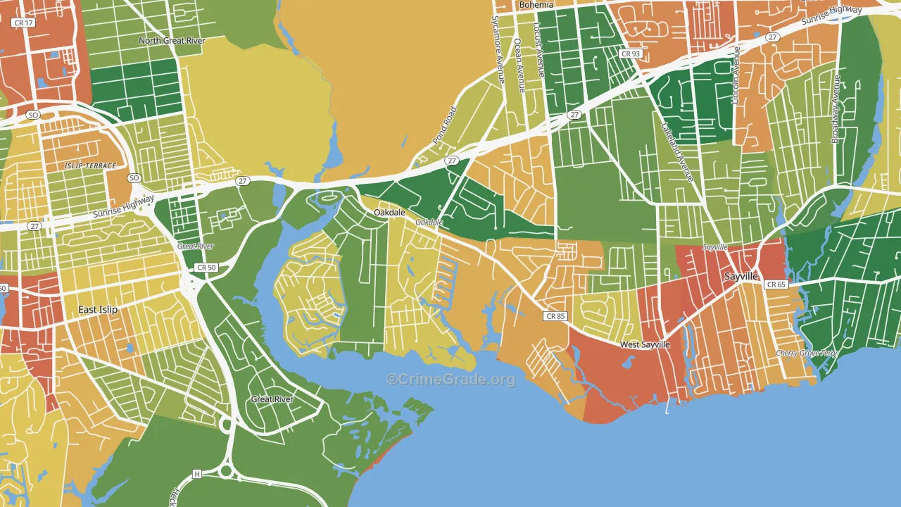 Oakdale, NY Map of Burglary Rates