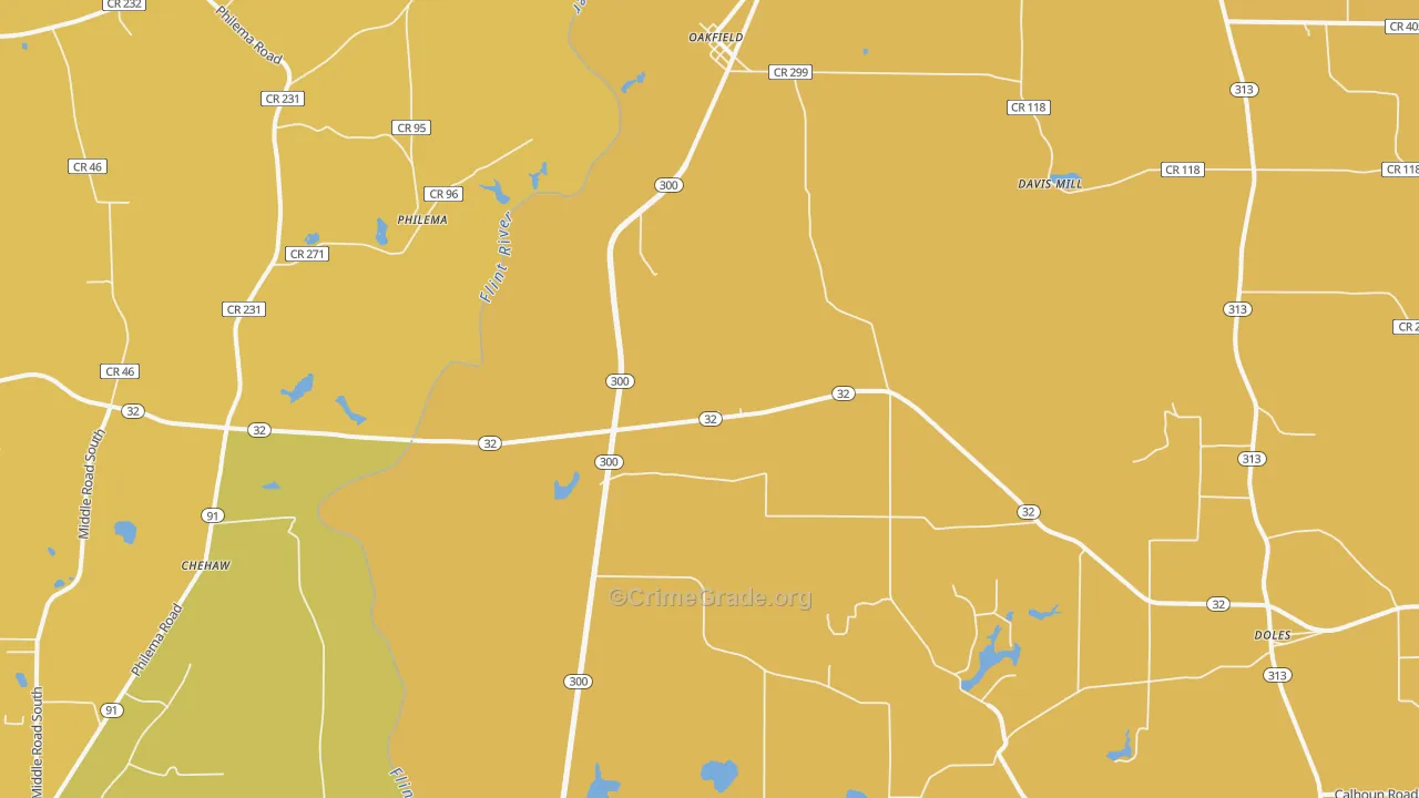 Oakfield, GA Map of Burglary Rates