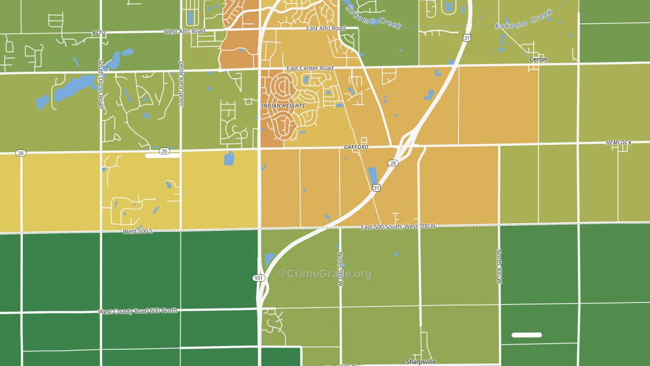 Oakford, IN Map of Burglary Rates