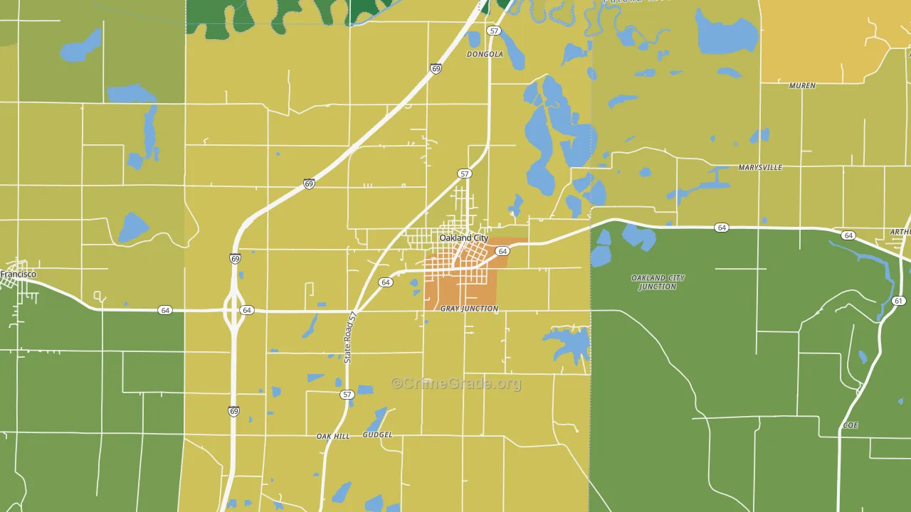 Oakland City, IN Map of Burglary Rates