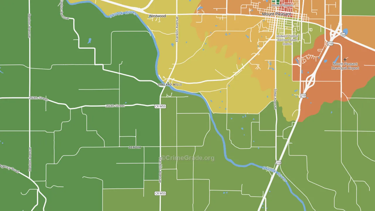Oakland Mills, IA Map of Burglary Rates