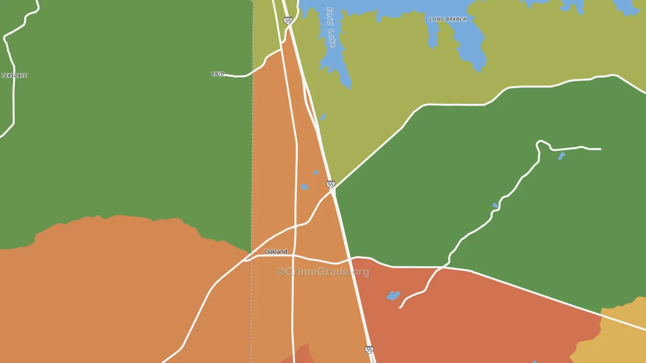 Oakland, MS Map of Burglary Rates