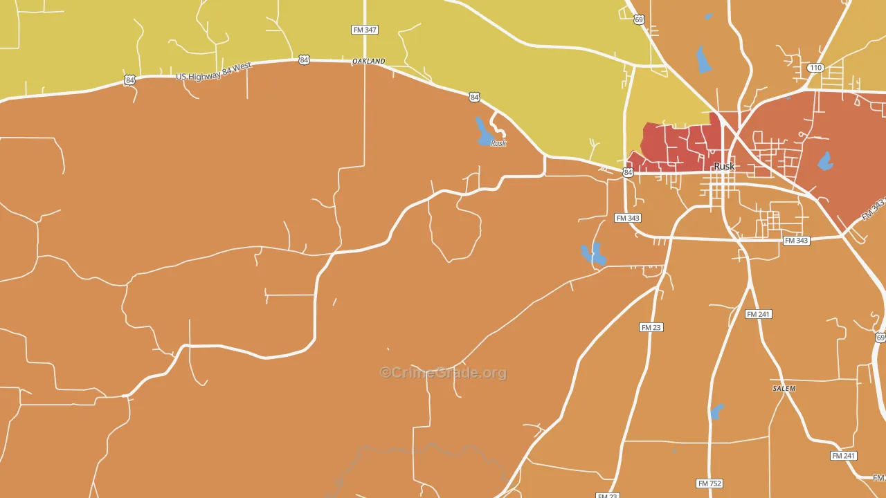Oakland, TX Map of Burglary Rates