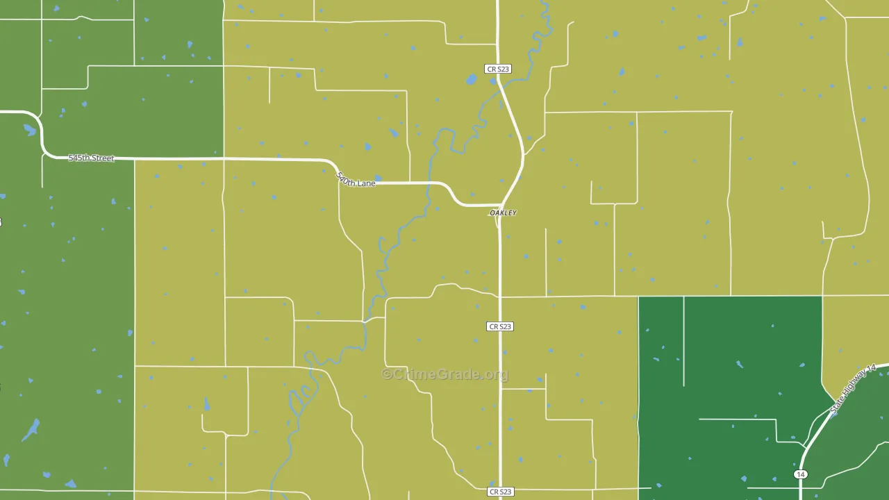 Oakley, IA Map of Burglary Rates