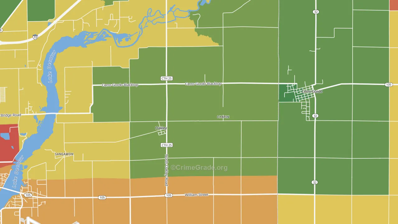 Oakley, IL Map of Burglary Rates