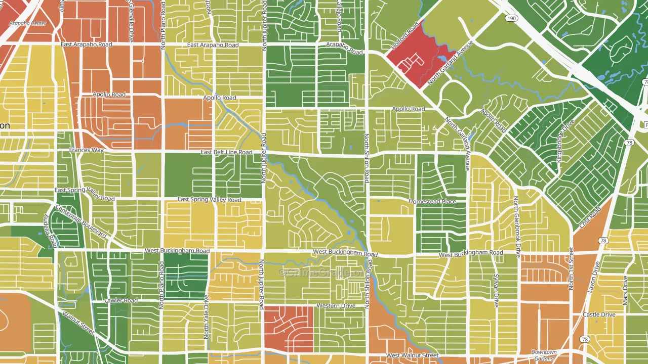 Oakridge, Garland, TX Map of Burglary Rates