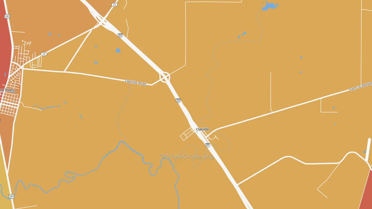 Oakville, TX Map of Burglary Rates