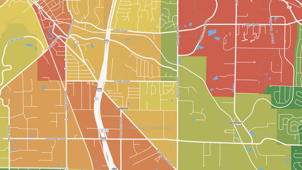 oakwood, Bedford, OH Map of Burglary Rates