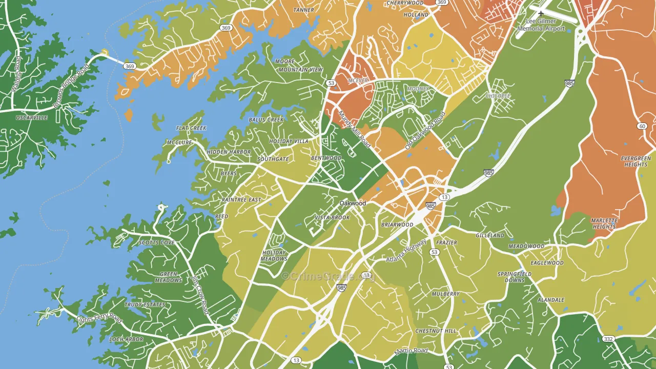 Oakwood, GA Map of Burglary Rates