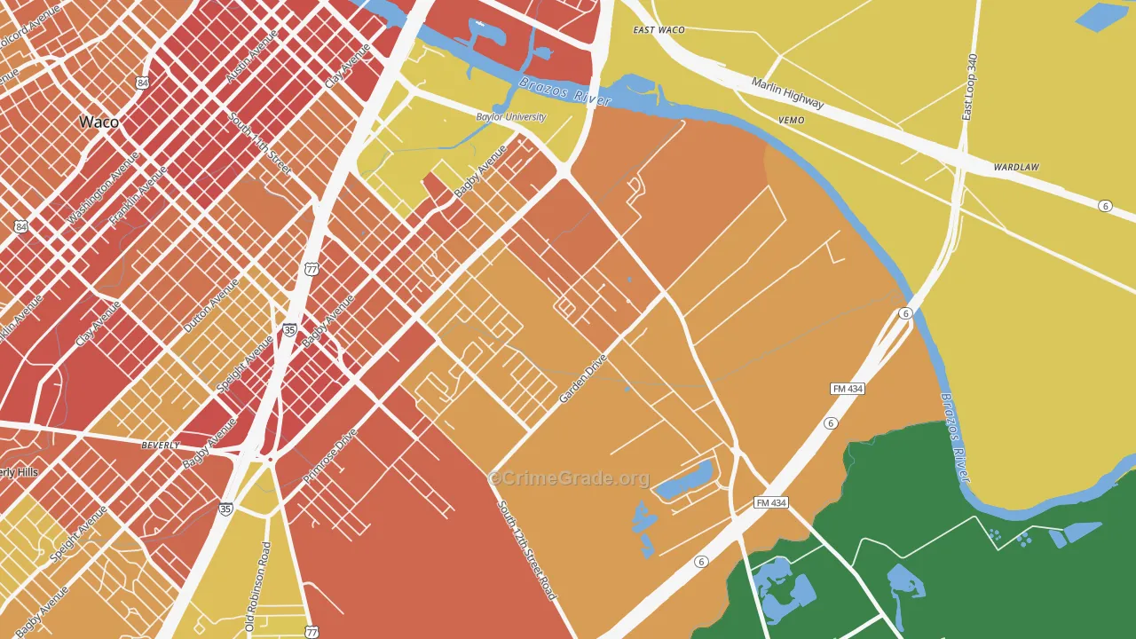 Oakwood, Waco, TX Map of Burglary Rates