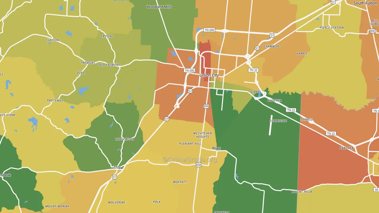 Obion County, TN Map of Burglary Rates