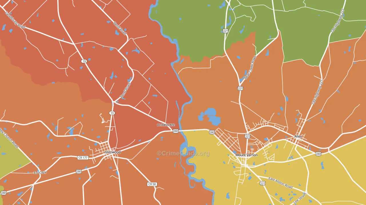 Ochwalkee, GA Map of Burglary Rates